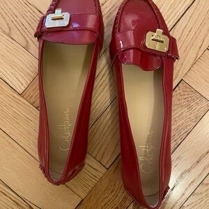 Cole Haan Red Patent Leather Loafers with Gold Buckle